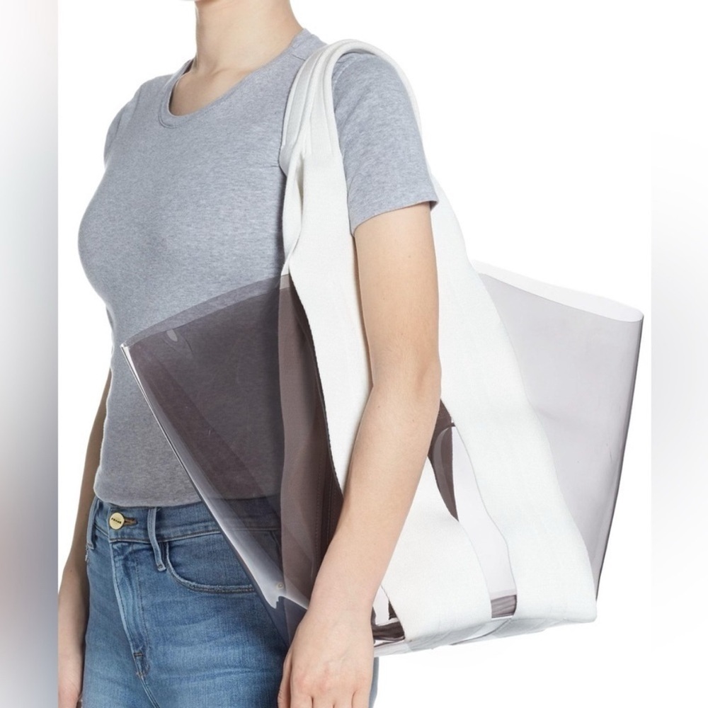 Rebecca minkoff pvc fabric tote with pouch in smoke n white
